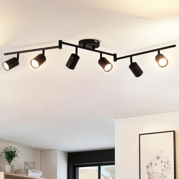 ANWIO 6 Black GU10 Spotlight Ceiling Lights,Bedroom Kitchen Lights Ceiling,GU10 Industrial Hallway Ceiling Light Fitting,Spot Light Bar Indoor Adjustable Light Ceiling Spot Lamp(Bulbs Not Included)