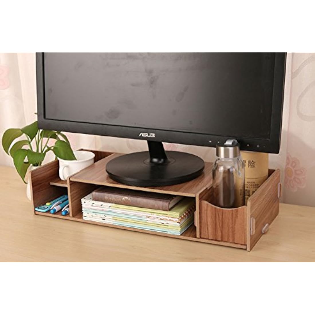 Multifunctional Wooden Monitor Riser with Storage Box PC Laptop Computer Displayer Stand Mount Rack Table Desk Organizer with 4 Compartments for Office Supplies Storage