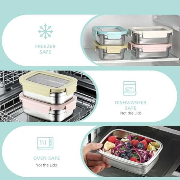 Misichao Stainless Steel Food Storage Containers with Lids - Stackable Meal Prep Food Containers for Kitchen & Pantry, Leakproof, Reusable Metal Bento Lunch Box for Kids Adult 650 ml 4 Count