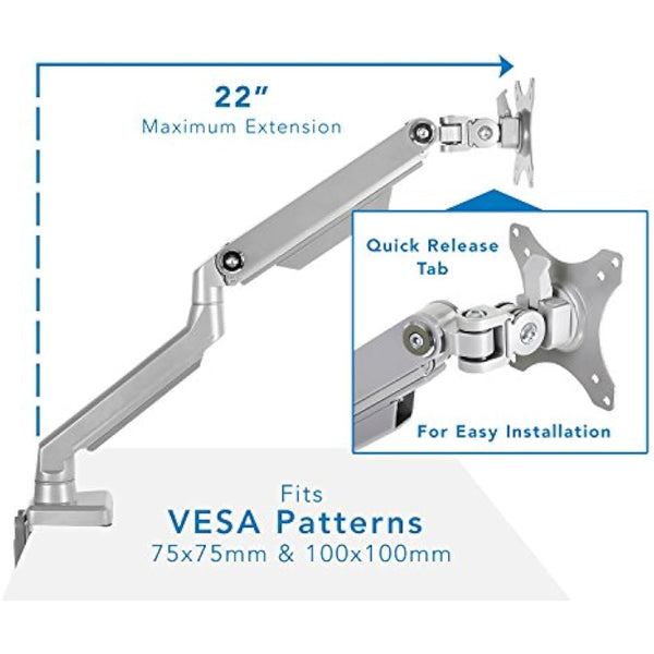 Mount-It! Single Monitor Arm Mount | Desk Stand | Full Motion Height Adjustable Articulating Mechanical Spring Arm | Fits 24 27 29 30 32 Inch VESA Compatible Computer Screen | C-Clamp and Grommet Base