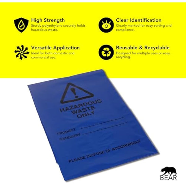 Hazardous Waste Bags - Blue - Pollution Control, Dangerous Waste Disposal, Clear and Easy to Identify, Hard Wearing, Domestic & Commercial Use, High Strength, Quality Sack (100)