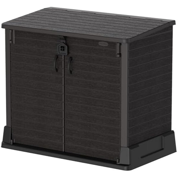 Duramax Cedargrain StoreAway 850L Plastic Garden Storage Shed - Outdoor Storage Shed, Wheelie bin box, Durable Construction, Ideal for Tools, BBQs & 2x 120L Garbage Bins, 130x74x110 cm, Dark Brown