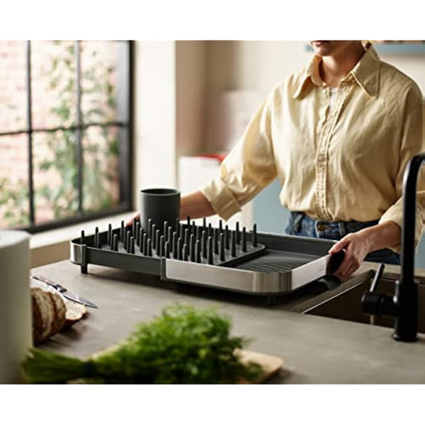 Joseph Joseph Duo Expanding Dish Drainer Rack with Removable Cutlery Holder, Draining Spout, Stainless-steel/Grey