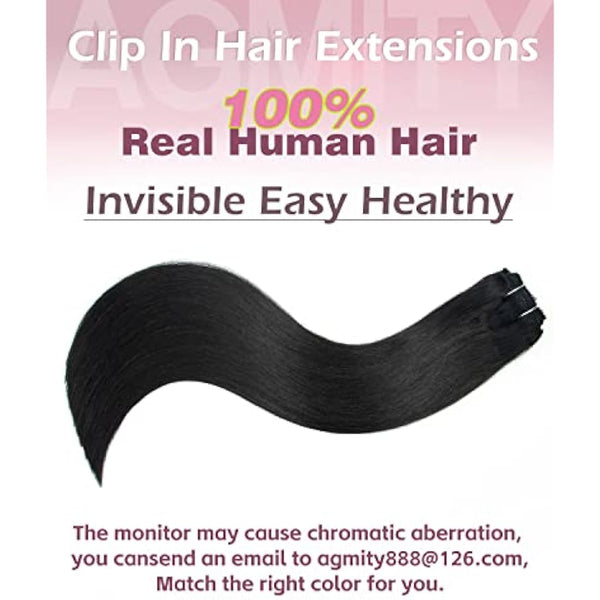 AGMITY Clip in Jet Black 16 inch 7Pcs 120g 100% Real Remy Human Hair Seamless Double Weft Straight Hair Extensions