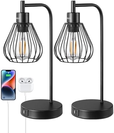 EDISHINE Bedside Lamps Set of 2, Dimmable LED Table Lamp, Teardrop Cage Lampshade, USB Charging Ports, Touch Lamps for Living Room, Bedroom, E27 Socket, Bulb Included, Black