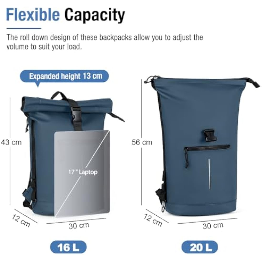 Lekeinchi 17-Inch Waterproof Laptop Backpack for Men and Women - Roll Top Design for School, Travel, Business, Work, and Camping(Blue)