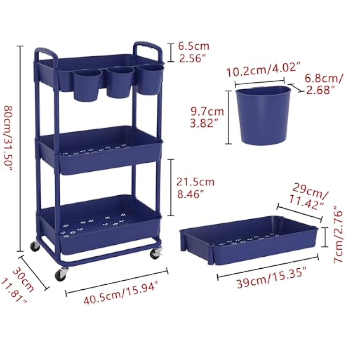JIUYOTREE 3-Tier Plastic Rolling Storage Cart Utility Cart with Extra Hanging Cups Handles Lockable Wheels for Living Room Bathroom Kitchen Office Blue