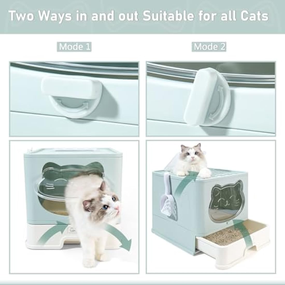 HelloMiao Fully Enclosed Cat Litter Box with Lid, Foldable Extra Large Cat Toilet, Drawer Type Litter Tray with Plastic Scoop, Suitable for Cats Under 17.6Ib(8kg) (upblue+mat)