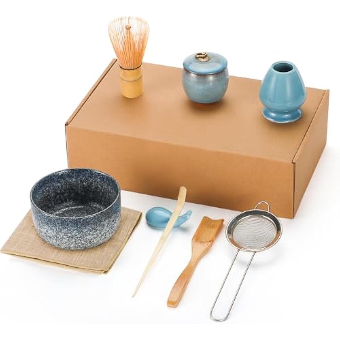 DiDiBirDi Matcha Tea Set 9 Pcs，Japanese Ceramic Bowl，Matcha Whisk (Chasen), Scoop (Chashaku), Stainless Steel Sifter，Whisk Holder,Tea Powder Caddy