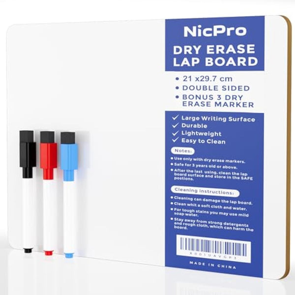 Nicpro Dry Erase Mini Whiteboard A4, 22 x 30 cm Double Sided Lapboard with 3 Water-Based Pens Learning Small White Board Portable Drawing Writing for Student and Classroom Use