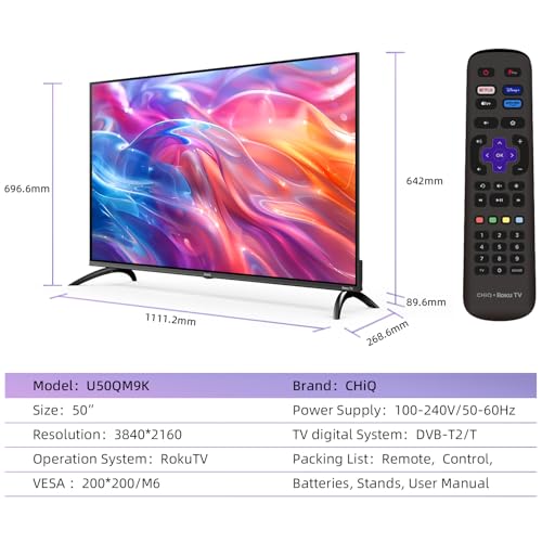 CHiQ U50QM9K 50 inch Smart QLED Roku TV, 4k UHD, HDR10 HLG, Dolby Audio, Works with Alexa, DVB-T/T2, Support Apple Air-Play, Google Assistant, Prime Video, HDMI2.1, USB2.0