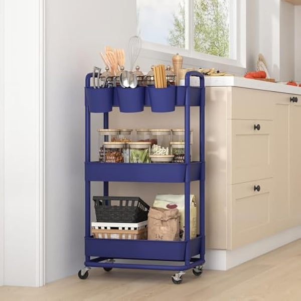 JIUYOTREE 3-Tier Plastic Rolling Storage Cart Utility Cart with Extra Hanging Cups Handles Lockable Wheels for Living Room Bathroom Kitchen Office Blue