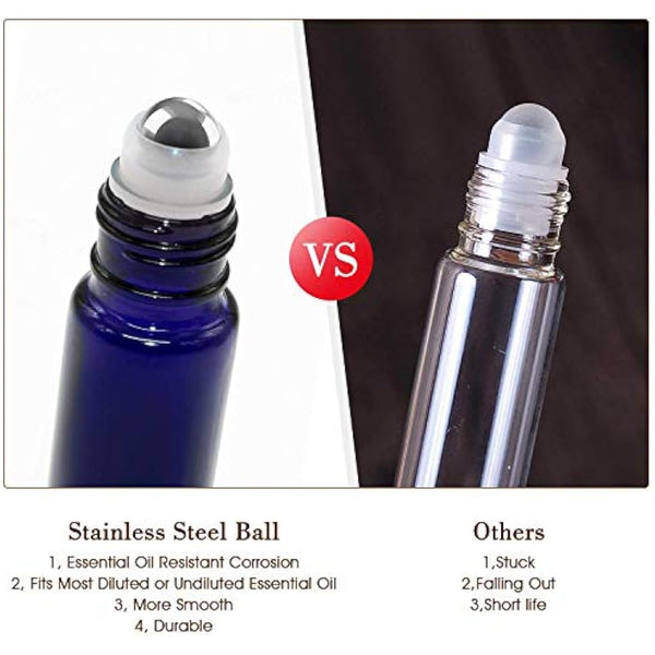 Alledomain 8Pcs 10ml Essential Oils Roller Bottles, Refillable Cobalt Blue Glass Roll on Bottles with Stainless Steel Balls, Include 12 Labels, 1 Dropper & Opener, Perfect for Aromatherapy
