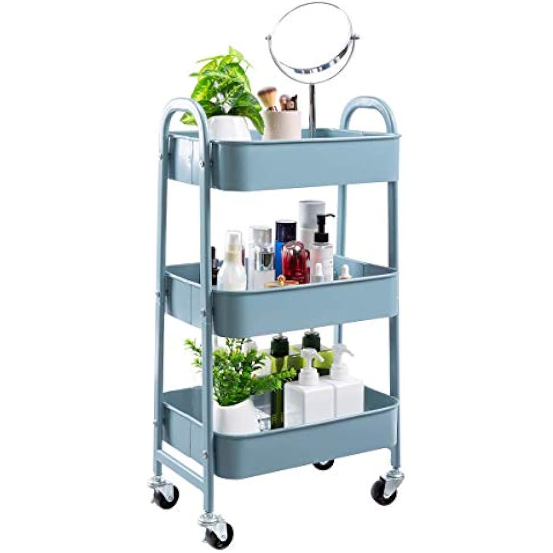 DOEWORKS Storage Trolley on Wheels Metal 3-Tier Kitchen Trolleys Craft Trolley Beauty Trolleys Rolling Utility Storage Cart for Books Room Bathroom Office, Grey-Blue