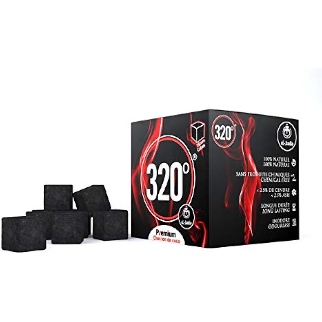 320° Premium Shisha Coconut Charcoal Coal (26mm Cube) for Hookah BBQ - 1 kg - 64 Pieces Nicotine Free