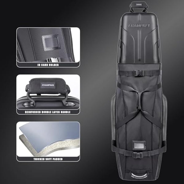 CHAMPKEY Golf Travel Bag Flight with Wheels | With Sturdy Plastic Hard Case Top | Premium Oxford Fabric Golf Bag - High Performance Bag Travel Case