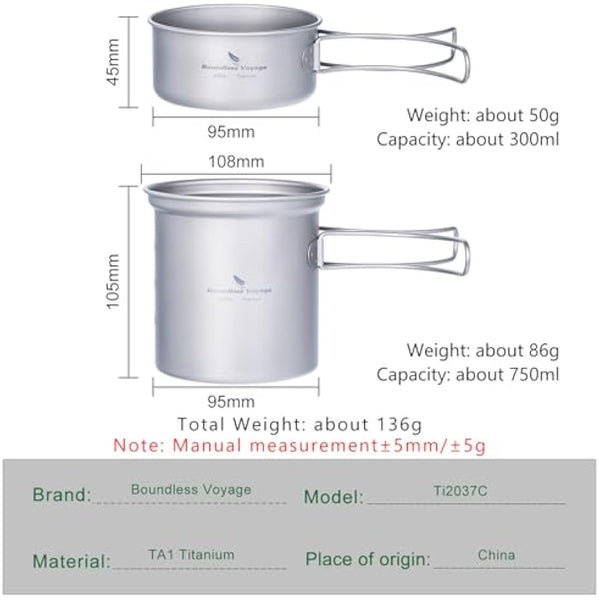 iBasingo Titanium Camping Pots Pans Set Lightweight Outdoor Backpacking Cookware with Folding Handle Compact Cooking Mess Kit Portable Travel Cookset, Rust-proof, Non-toxic