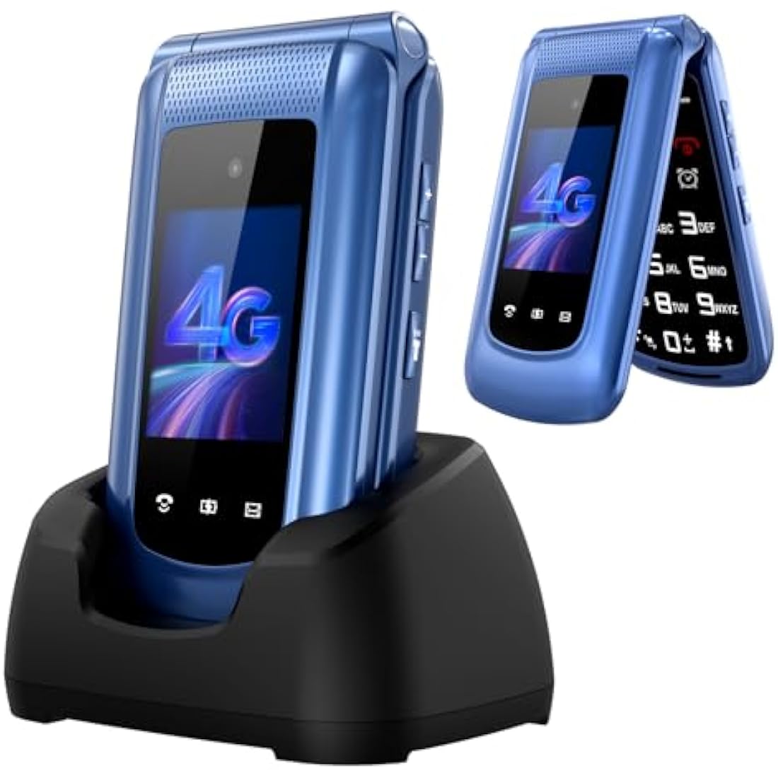 uleway 4G Big Button Mobile Phone for Elderly Sim Free Unlocked Simple Senior Flip Phone Easy to Use Basic Phones with 2.4" +1.8" IPS Screen, SOS Button, Charging Dock 1000mAh Battery (Blue)