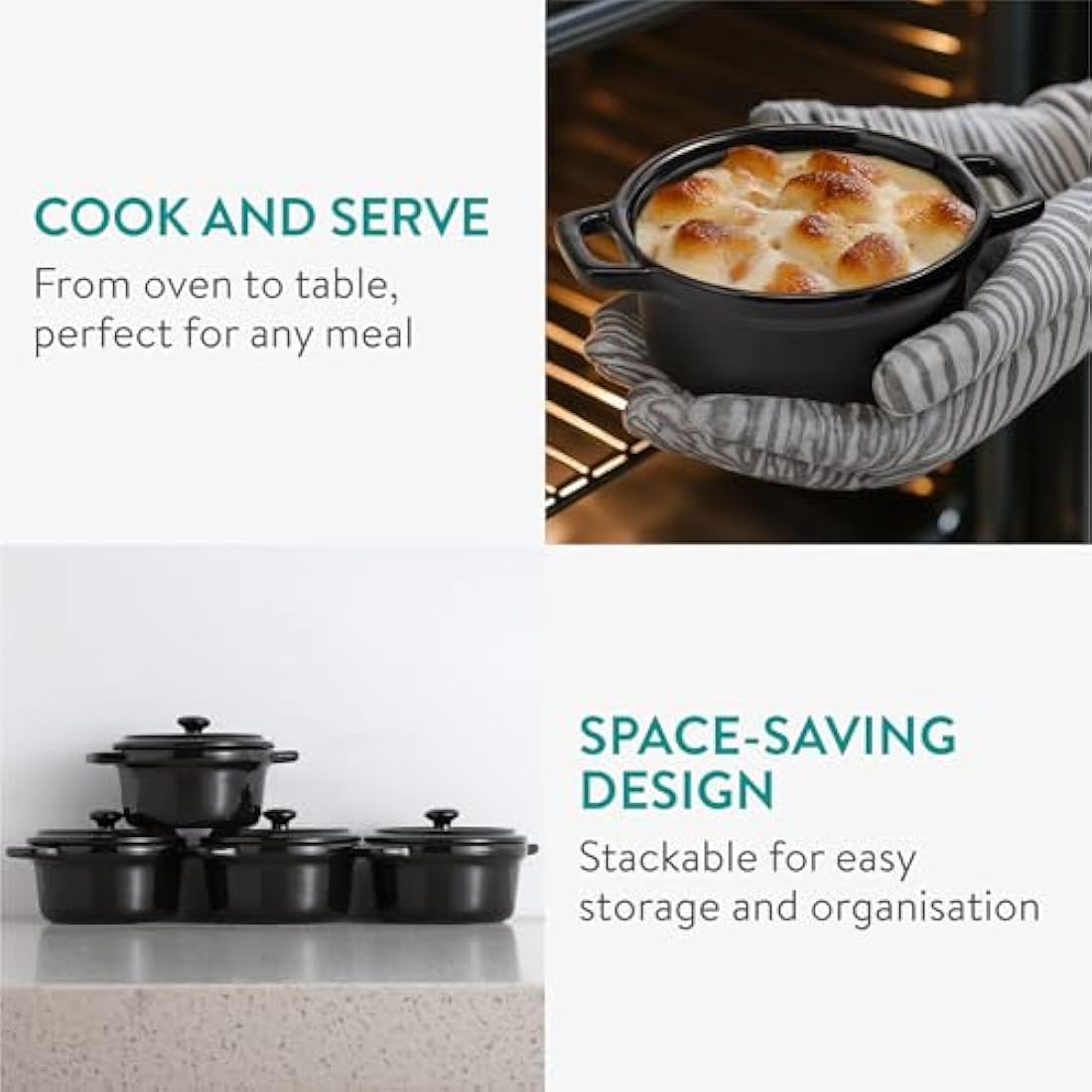 Navaris Small Casserole Dish with Lid - Ceramic Oven Proof Dishes - Mini Baking Casseroles Easy Clean & Store - Single Baking Dishes - Set of 4-237 ml (8 oz) - Black