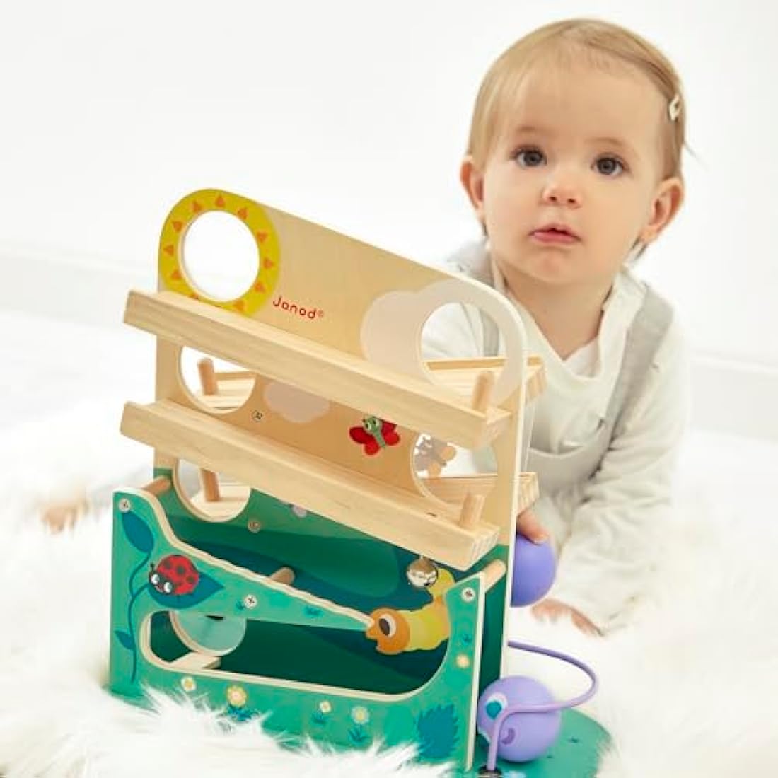 Janod - Wooden Caterpillar Ball Track - Toddler Manipulation and Dexterity Toy - For children from the Age of 1, 08055, Multicolored