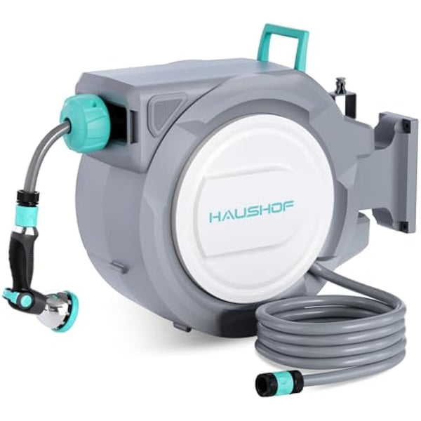 HAUSHOF 30m Wall Mounted Hose Reel with 10-in-1 Spray Gun, 180° Swivel Garden Hose Reel, Auto Retractable Hose Pipe Reel with Lock Mechanism, Ideal for Outdoor Watering