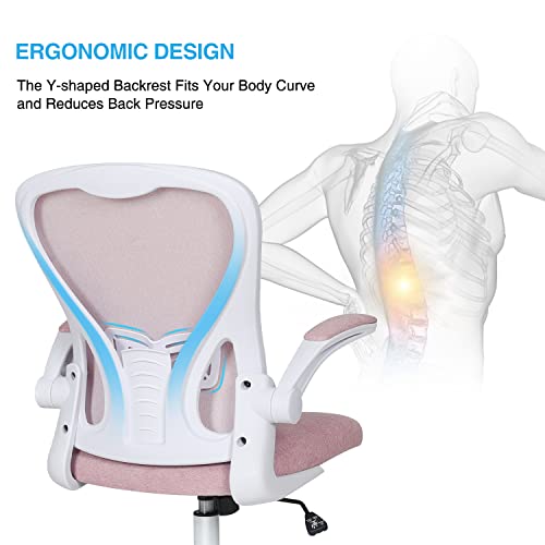 Fullwatt Pink Modern Office Gaming Relaxing Ergonomic Mesh Back Flip-up Armrest Task Chair with Lumbar Support, Mesh Seat, Nylon Wheels, 60cm Seat