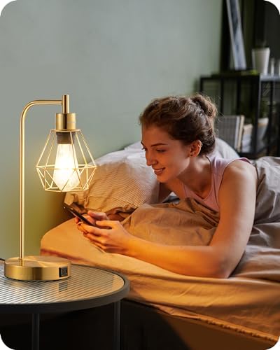 EDISHINE Bedside Lamps Set of 2, Dimmable LED Table Lamp, Diamond Cage Lampshade, USB Charging Ports, Touch Lamps for Living Room, Bedroom, E27 Socket, Bulb Included, Gold