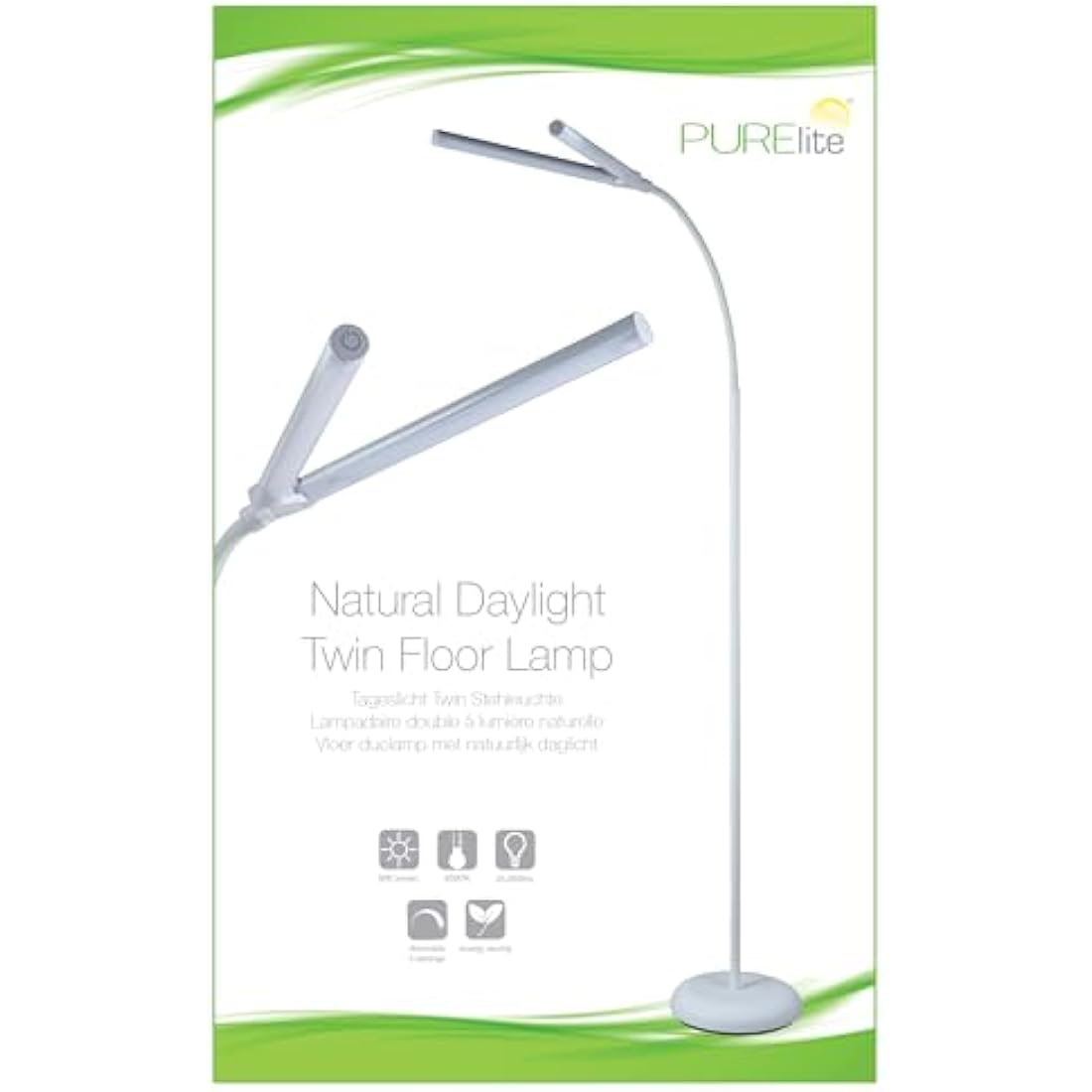 PURElite Natural Daylight Floor Lamp – Twin Lights for Double Power, Flexible LED Floor Light, 4 Colour Brightness Settings, Natural Daylight Bulbs for Reading, Needlework, Sewing, Crafting - White