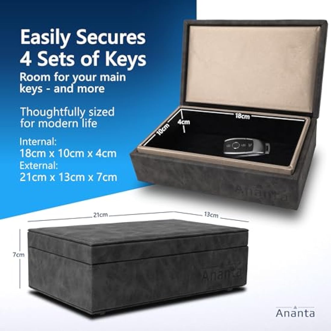 Ananta Faraday Box for Car Keys – Luxury RFID Signal Blocking Key Box, Magnetic Close, Twin Faraday Pouches & RFID Cards (Grey)