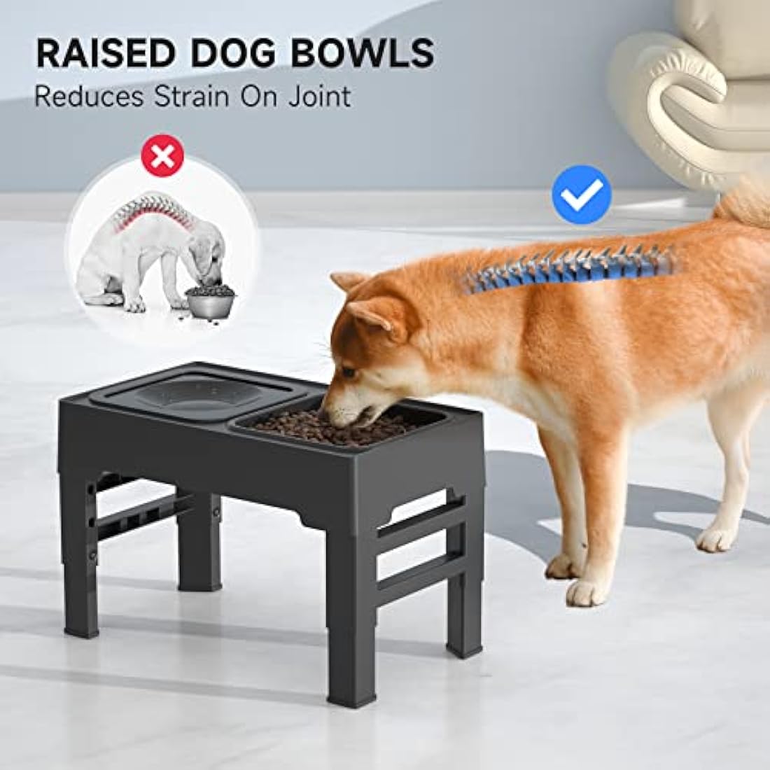 ELS PET Raised Dog Bowl, 2-in-1 Elevated Dog Bowl with Slow Feeder and Non-Spill Slow Water Bowl, 4 Height Adjustable Pet Dispenser with Stand for Small Medium Large Dog Cat