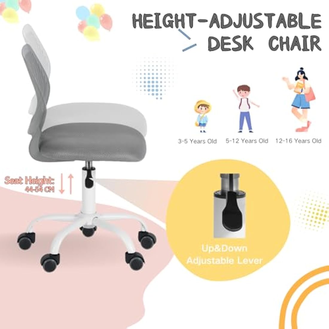 Homy Casa Desk Chair Adjustable Swivel Office Chair Fabric Seat Ergonomic Task Chair without Armrest, Gray