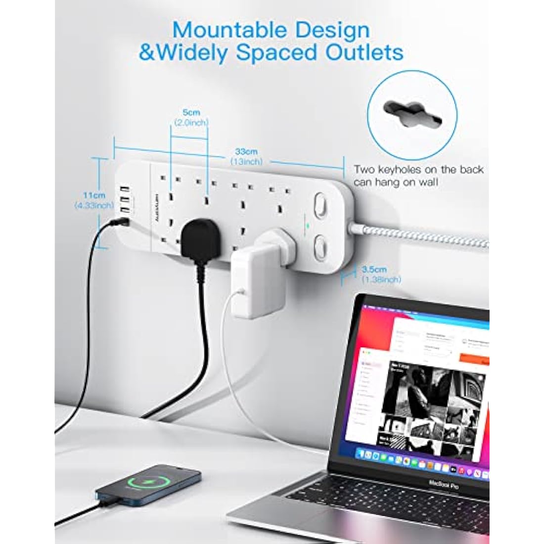 3M Extension Lead with 4 USB Slots, 8 Way Outlets Power Strip with 1800J Surge Protection, Double Switch Plug Extension with 10FT Braided Extension Cable for Home, Dorm Room, Office Accessories