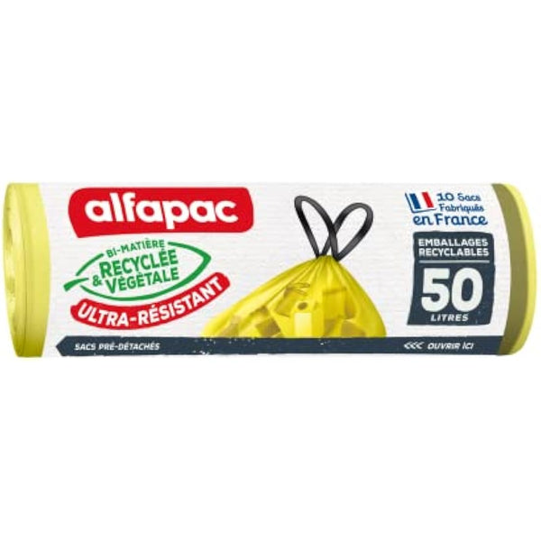 Alfapac - Bin Liners with Drawstring - Heavy Duty - Recyclable Packaging Sorting (excluding Glass) - 76% Recycled and 15% Vegetable - Made in France - 10 x 50L, Green