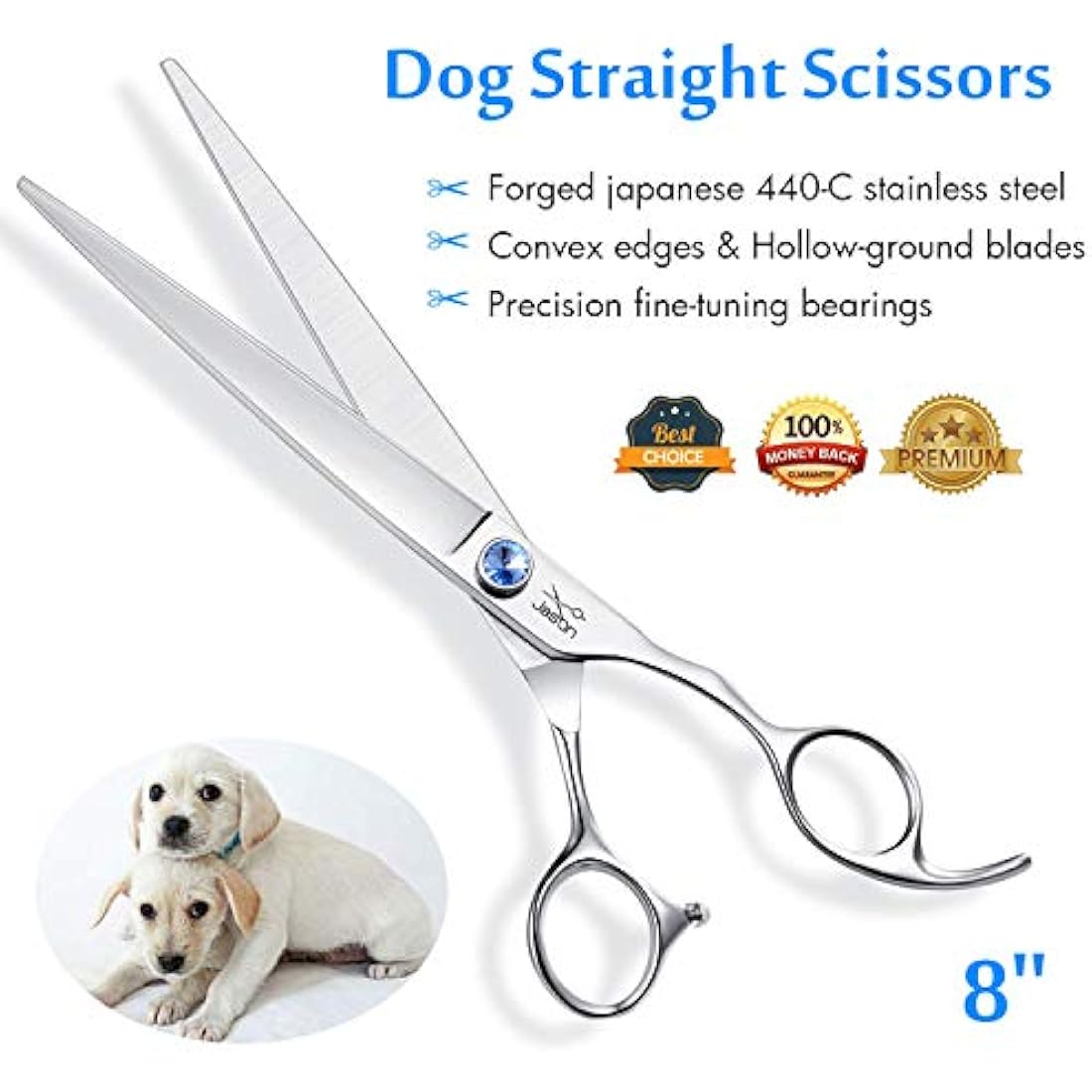 JASON 8" Straight Dog Grooming Scissors Pets Grooming Shears Premium Cats Trimming Kit with Offset Handle and a Jewelled Screw