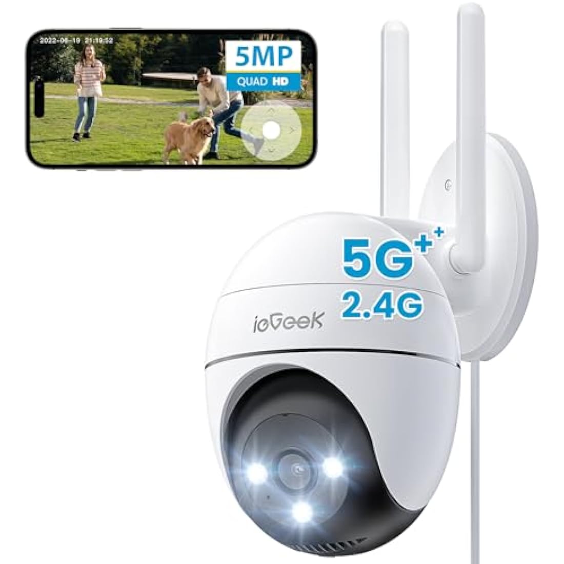 ieGeek 5MP 2.4/5Ghz Security Camera Outdoor, 360° PTZ CCTV Camera Systems,15M Color Night Vision, WiFi Home IP Camera, Human Detection, Siren and Light Alarm, 2-Way Audio, Alexa, Memory/Cloud(Wired)