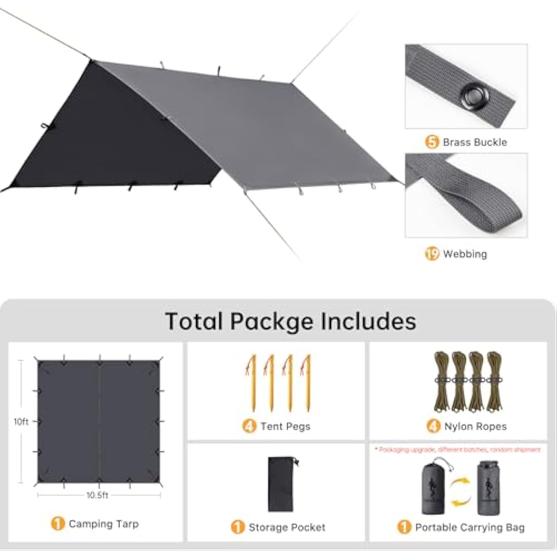 FREE SOLDIER Camping Tarp Waterproof 3m x 3.2m Large Hammock Tent Tarp Portable Tarpaulin Anti-UV Shelter Sun Block Sunshade Awning for Camping Hiking Traveling Outdoor Sports (Grey with Nails)