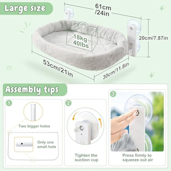 GUUSII HOME Cat Hammock Window Perch Foldable Hanging Bed Windowsill Seat Large Cats Shelf with Strong Suction Cups Kitty Lounger Reversible Cover 53 * 30cm Hold Up to 18kg Easy to Assemble(Grey)