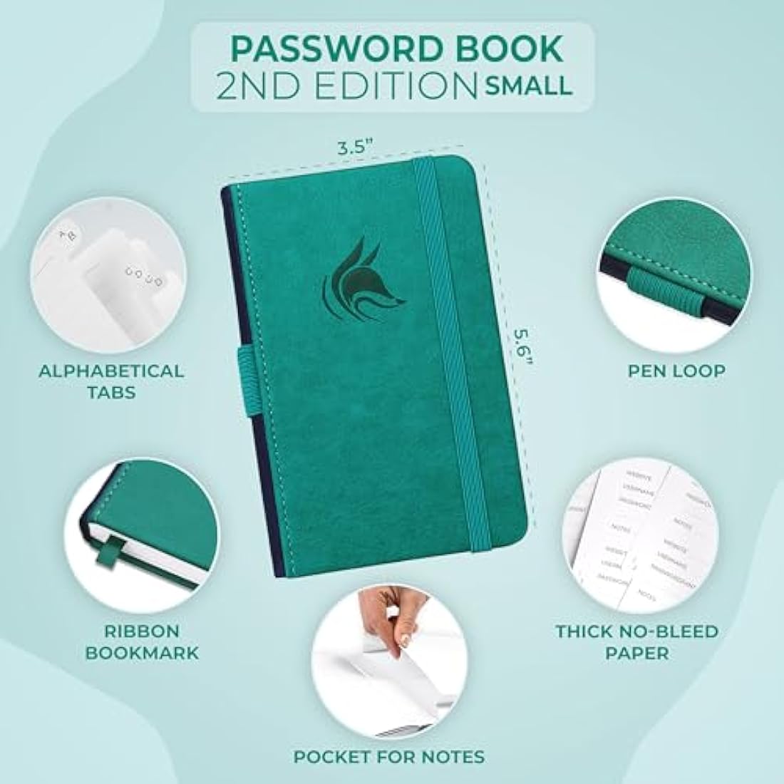 Clever Fox Password Book 2nd Edition Small – Pocket Password Keeper with Laminated Alphabetical Tabs – Internet Address Notebook & Login Details Organizer Journal – 8.9x14.2cm (Aquamarine)