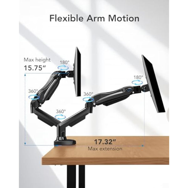 HUANUO Dual Monitor Arm Desk Mount for 13 to 32 Inches, Height Adjustable Screen Stand with Tilt, Swivel, and Rotation, VESA 75 & 100 mm, Supports up to 9 kg