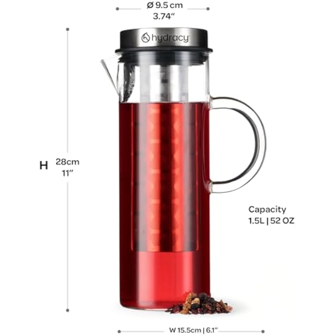 Hydracy Glass Infusion Carafe 1.5L with Handle- Cafetières Hot Coffee Server - Iced Coffee & Iced Tea Jug with Stainless Steel Lid and Filter - Extra Fruit Infusion Tube - Dishwasher Safe Pitcher