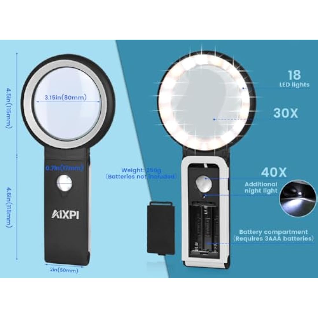 30x 40x Magnifying Glass with Light and Stand, Large Handheld Magnifying Glasses 18 LED Illuminated Lighted Magnifier for Macular Degeneration, Seniors Reading, hobbies, Coins, Jewelry (Black&White)