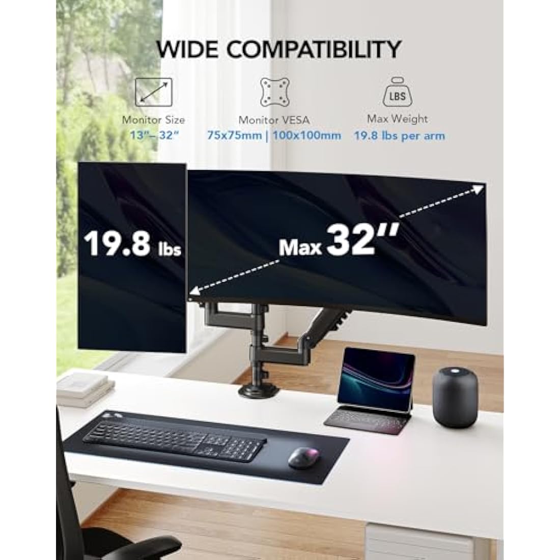 HUANUO Taller Dual Monitor Stand Long Arms for 13 to 32 inch Screens, Monitor Arm Desk Mount with Tilt Swivel Rotation, Height Adjustable Double Arm Mount, Loda Capacity 19.8 lbs, VESA 75 & 100 mm