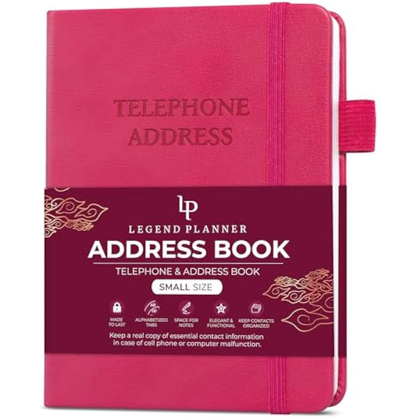 Legend Planner Address Book with Alphabetical Tabs – Mini Telephone Contacts Book for Phone Numbers, Addresses, Passwords, Small (Hot Pink)