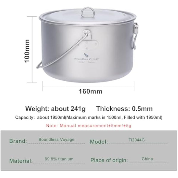 iBasingo 1.95L Camping Titanium Pot Cookware Hanging Stockpot Outdoor Small Bowl Cup Lightweight Hiking Picnic Portable Campfire Cooking Kit Travel 1 Person Kitchenware Tableware Mess Kit Ti2044C