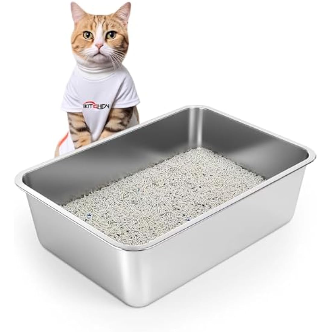 IKITCHEN Stainless Steel Cat Litter Box, Large Metal Litter Box for Cats Rabbits, Never Absorbs Odors,Stain Free, Rustproof, Non Stick Smooth Surface, Anti-slip Rubber Bottom, 19.5"L x 13.5"W x 8"H