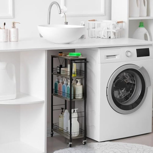 4 Tier Kitchen Storage Cart Slim Rolling Cart on Wheels Mobile Vegetable Rack with Wooden Tabletop Slide Out Utility with Handle for Living Room Laundry Pantry (Grey)