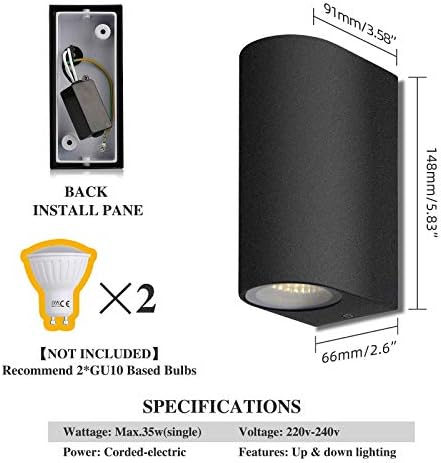 HLFVLITE 2-Pack Outdoor Wall Lights Aluminum Up/Down Outside Wall Lamp Exterior Wall Sconce, IP44 Waterproof Black Garden Lights for Patio, Terrace, Garden, Hallway, Balcony, Porch, Post, Pathway