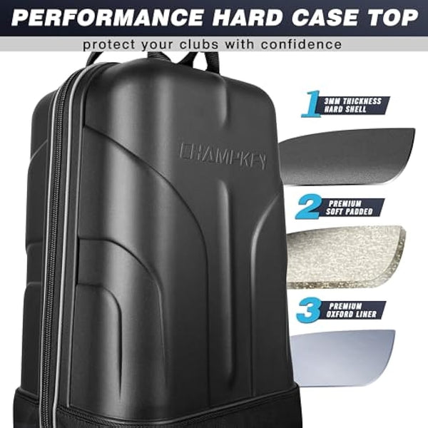 CHAMPKEY Golf Travel Bag Flight with Wheels | With Sturdy Plastic Hard Case Top | Premium Oxford Fabric Golf Bag - High Performance Bag Travel Case