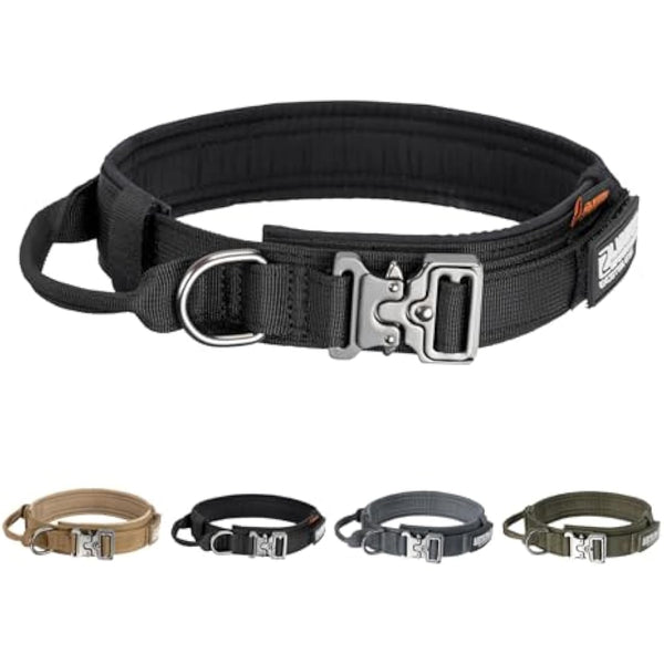 EXCELLENT ELITE SPANKER Tactical Dog Collar Nylon Adjustable Training Collar Military Dog Collar Heavy Duty Metal Buckle with Control Handle for Medium and Large Dogs with Patches(BLK-XL)