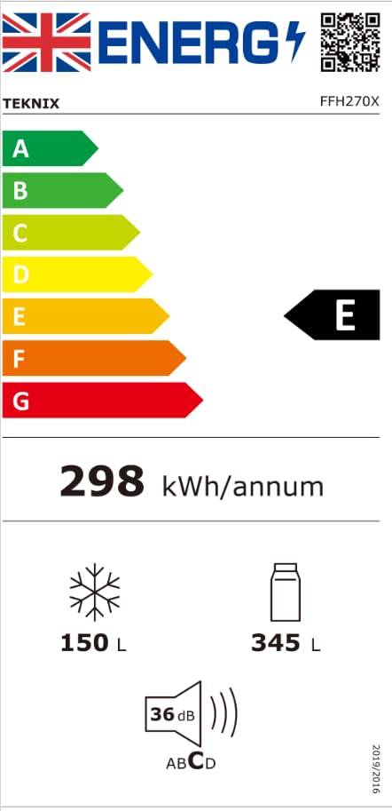 Teknix FFH1825WB 55cm Freestanding 50/50 Fridge Freezer - 256 Litre Capacity - Total No Frost - Non-plumbed Water Dispenser - Black, H182.5 x W55 x D56.2 (cm)